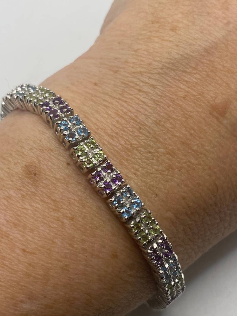 Handgemachtes Echtes Gemischtes Edelstein 925 Sterling Silber Tennis Armband von NemesisJewelryNYC
