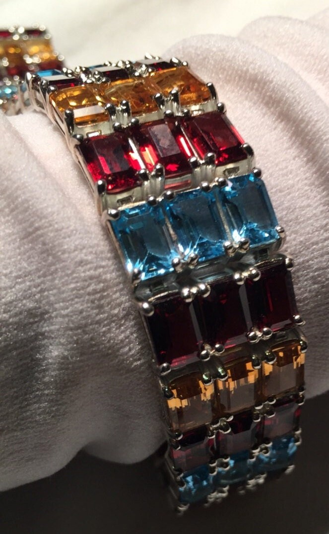 Handgemachtes Granat Citrin Blautopas in 925 Sterling Silber Tennis Armband von NemesisJewelryNYC