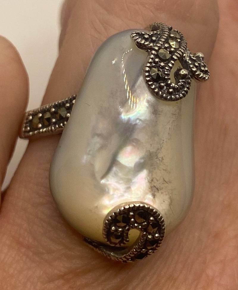 Perlmutt Markasit Cocktail Ring in 925 Sterling Silber Gr. 7 Vintage Handmade von NemesisJewelryNYC