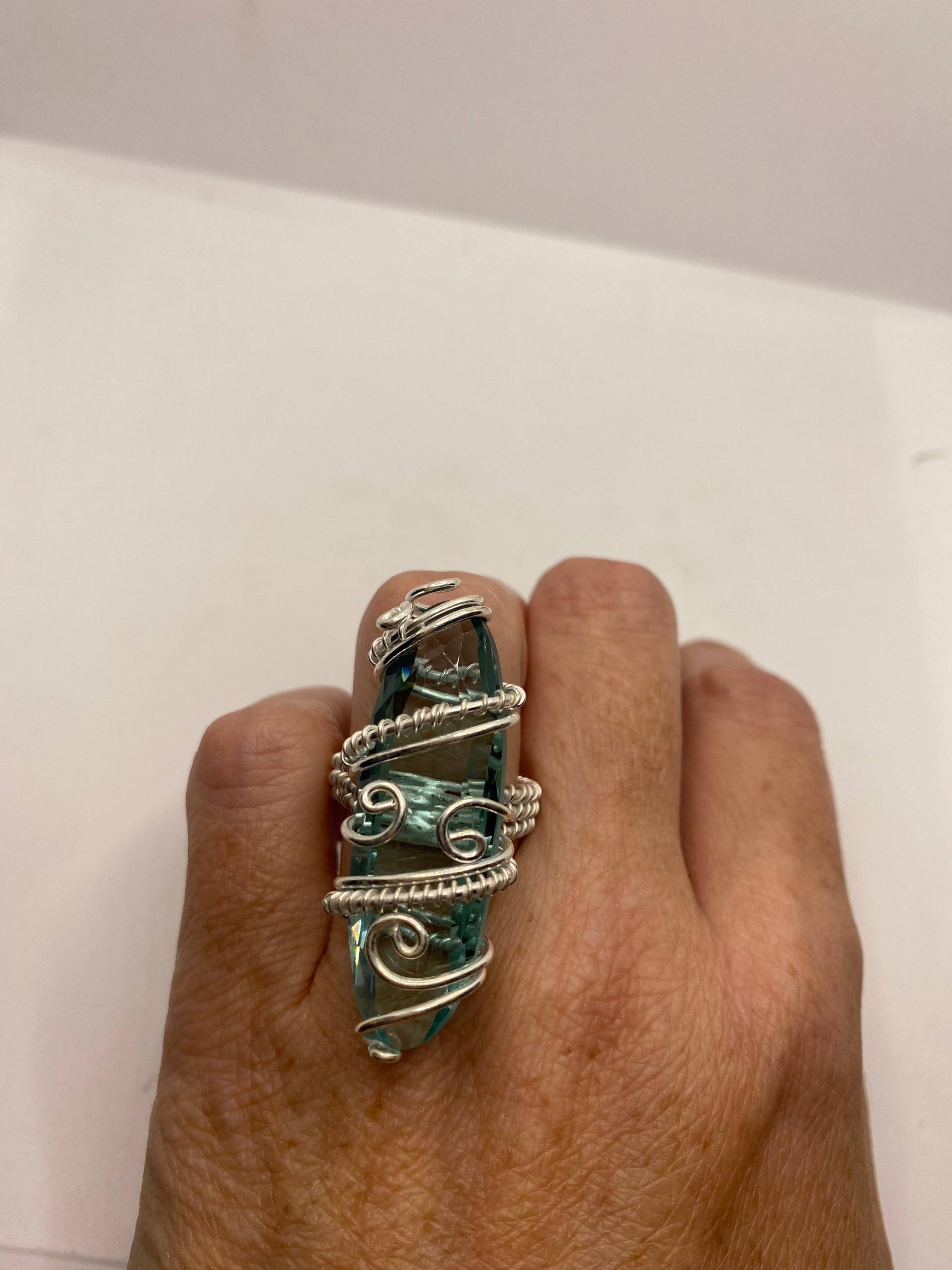 Vintage Aqua Blau Glas Silber Ring von NemesisJewelryNYC