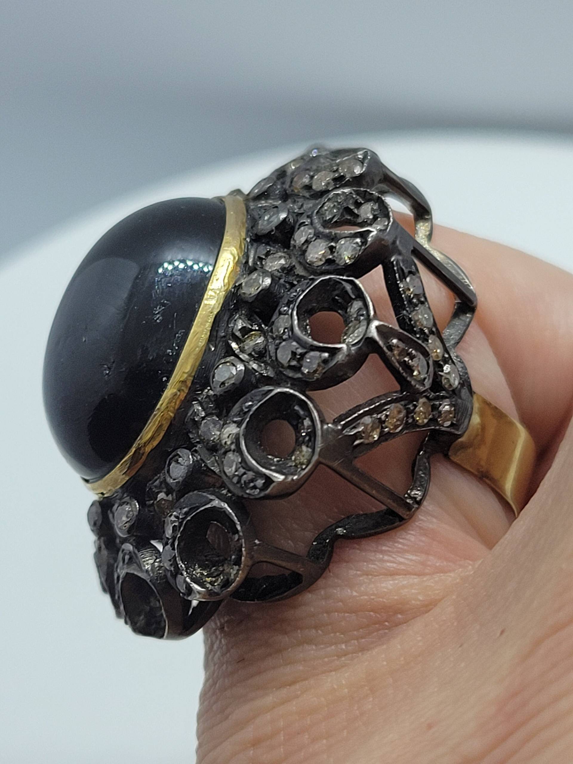 Vintage Black Star Of India Mit Diamant in 925 Sterling Silber Und 14K Gold Ring Genuine Diopsid Diamond Revival Collection von NemesisJewelryNYC