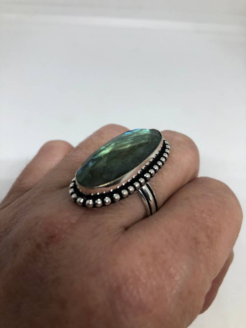 Vintage Blau Grün Labradorit Mondstein Silber Cocktail Ring von NemesisJewelryNYC