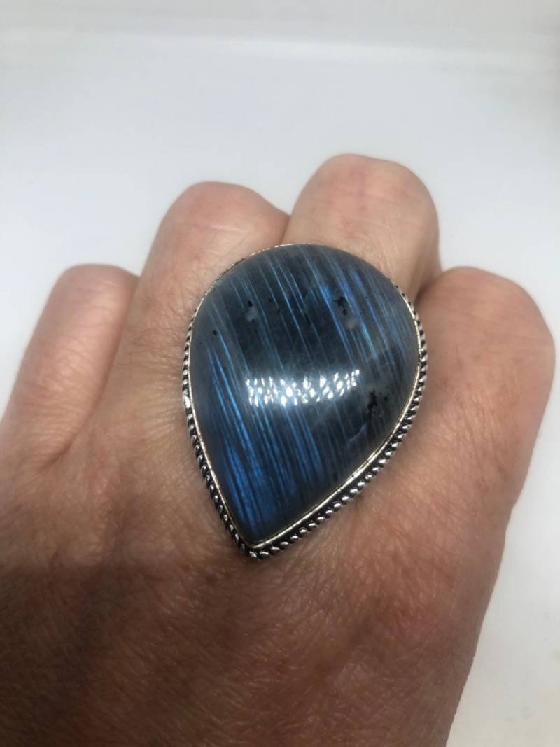 Vintage Blau Grün Labradorit Stein Silber Ring von NemesisJewelryNYC