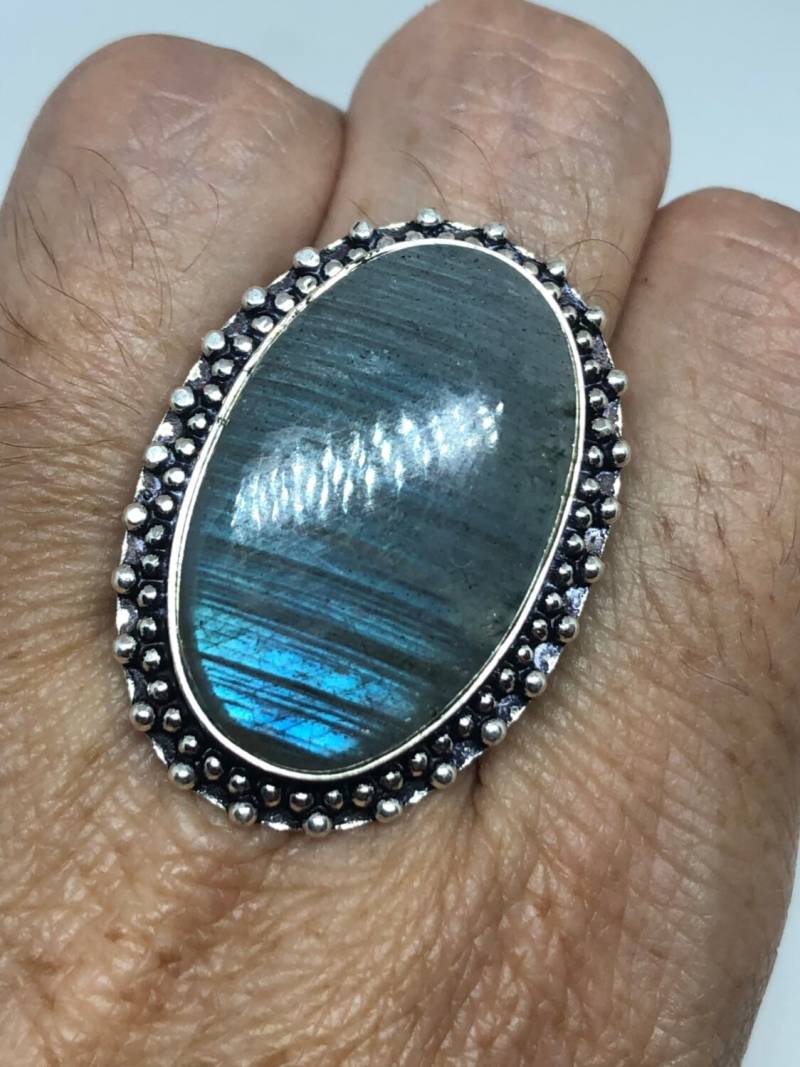 Vintage Blau Grün Labradorit Stein Silber Ring von NemesisJewelryNYC