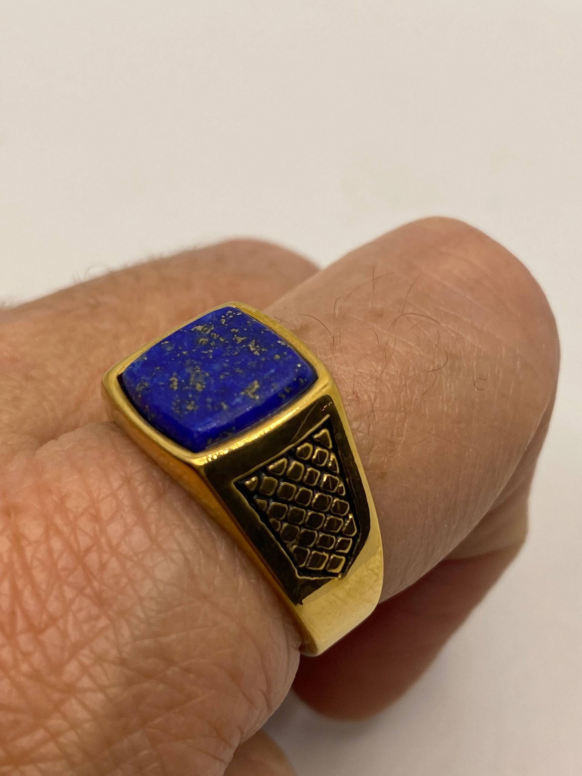 Vintage Blau Lapis Lazuli Vergoldete Herren Ring von NemesisJewelryNYC