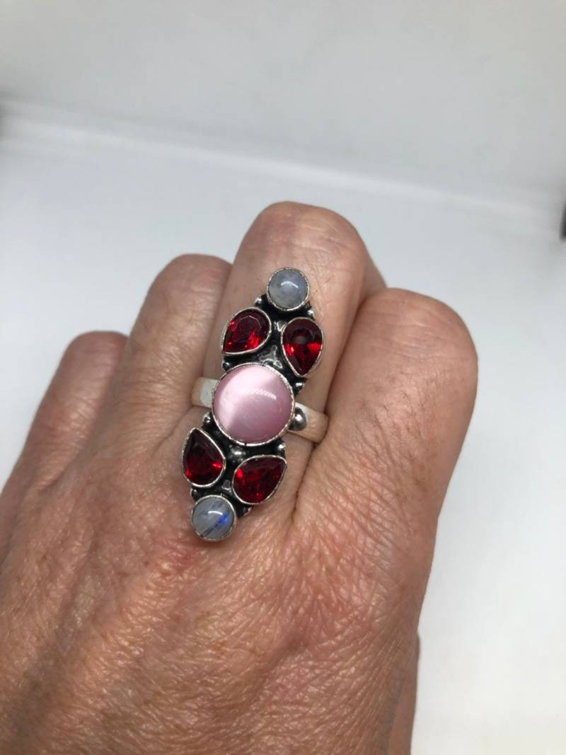 Vintage Blau Weiß Regenbogen Mondstein Glas Silber Ring von NemesisJewelryNYC