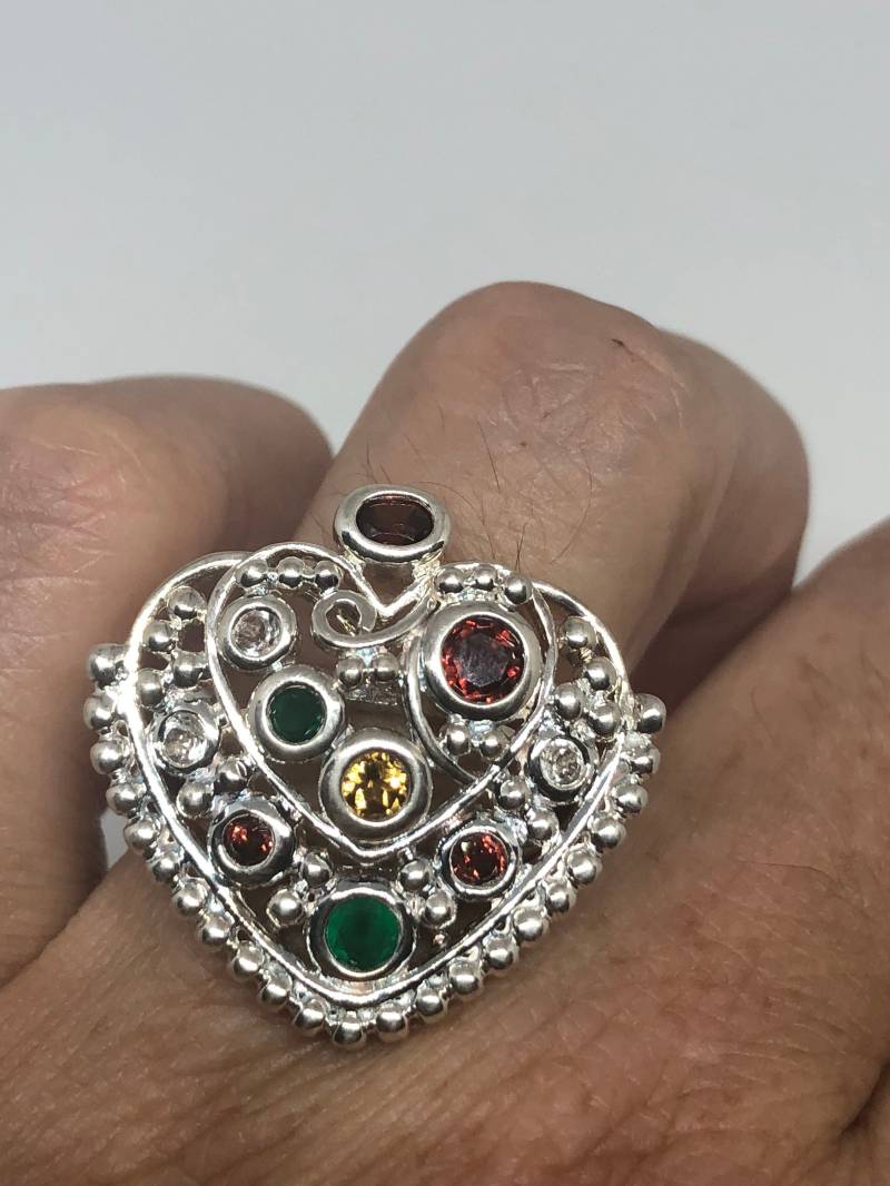 Vintage Boho Granat Citrin Smaragd Weiß Saphir 925 Sterling Silber Ring von NemesisJewelryNYC