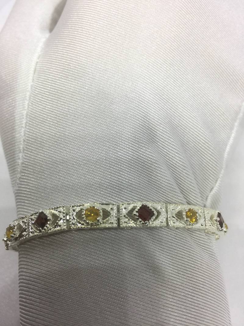 Vintage Citrin Granat Tennis Armband in 925 Sterling Silber von NemesisJewelryNYC