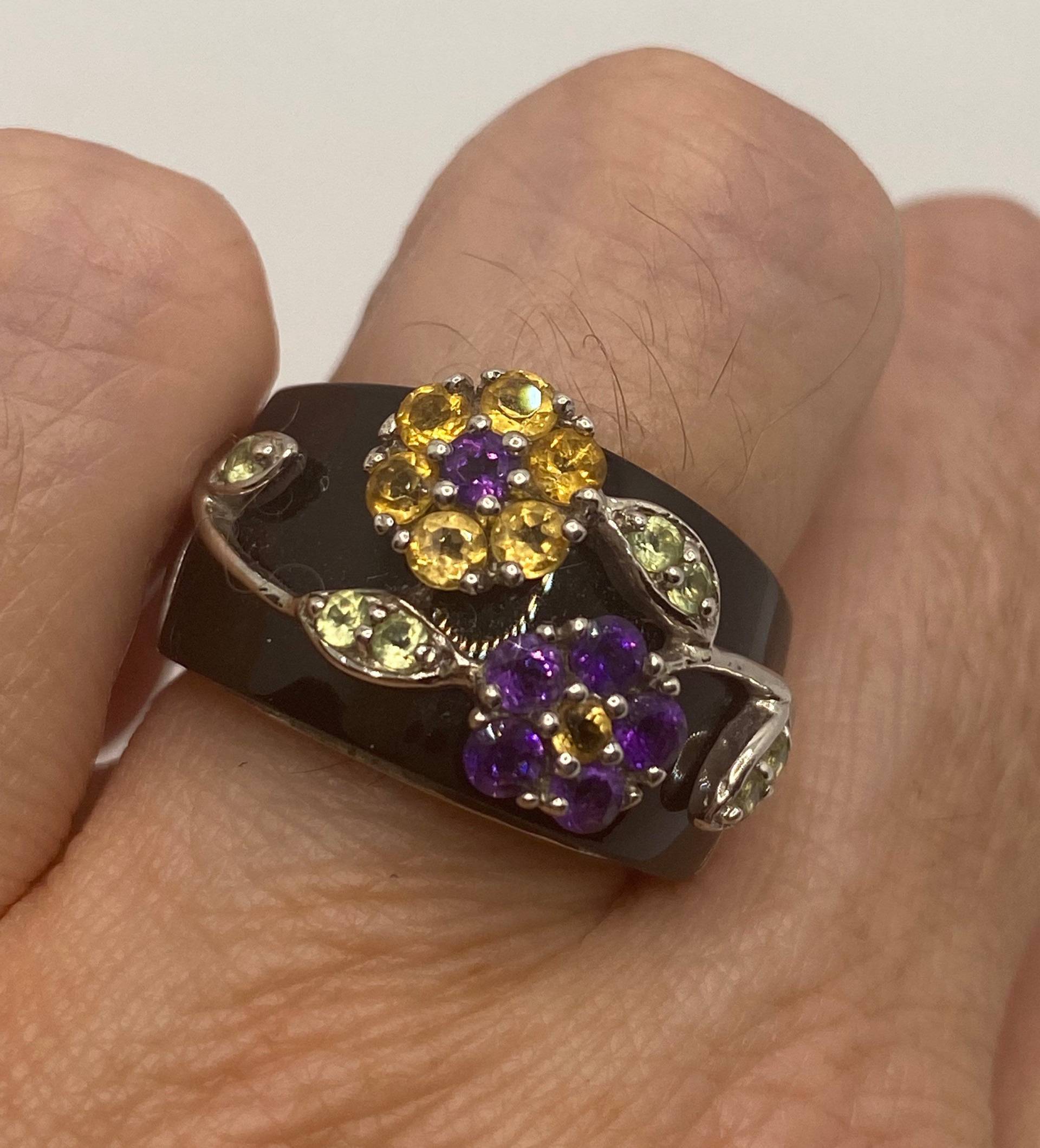 Vintage Citrin Grün Peridot Und Amethyst Über Schwarzer Onyx 925 Sterling Silber Ring Vintage Citrin Grün Peridot Und Amethyst Über Schwarzer Onyx 925 Sterling Silber Ring von NemesisJewelryNYC
