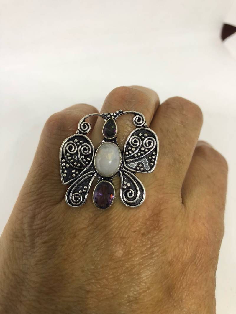 Vintage Echt Blau Weiß Regenbogen Mondstein Ring von NemesisJewelryNYC