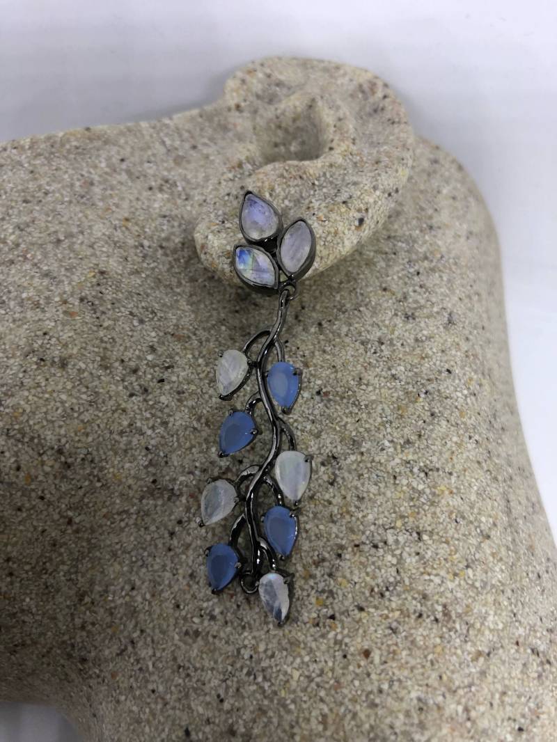 Vintage Echte Blaue Chalcedon Regenbogen Mondstein Sterling Silber Kronleuchter Ohrringe von NemesisJewelryNYC