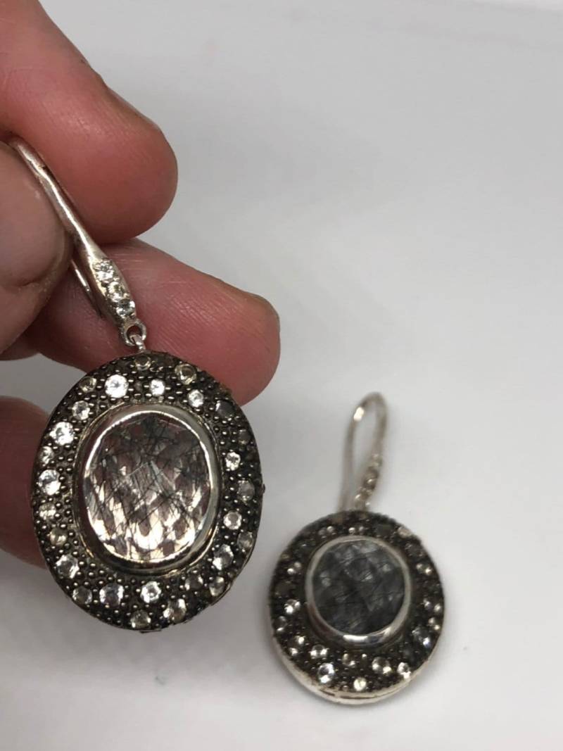 Vintage Echte Facettierte Turmalin Quarz 925 Sterling Silber Deco Ohrringe Baumeln von NemesisJewelryNYC