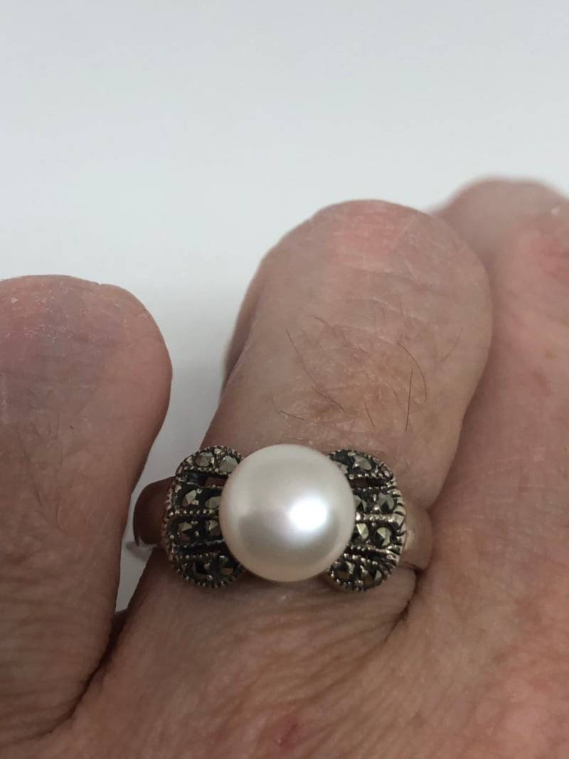 Vintage Echte Perle Markasit 925 Sterling Silber Ring von NemesisJewelryNYC