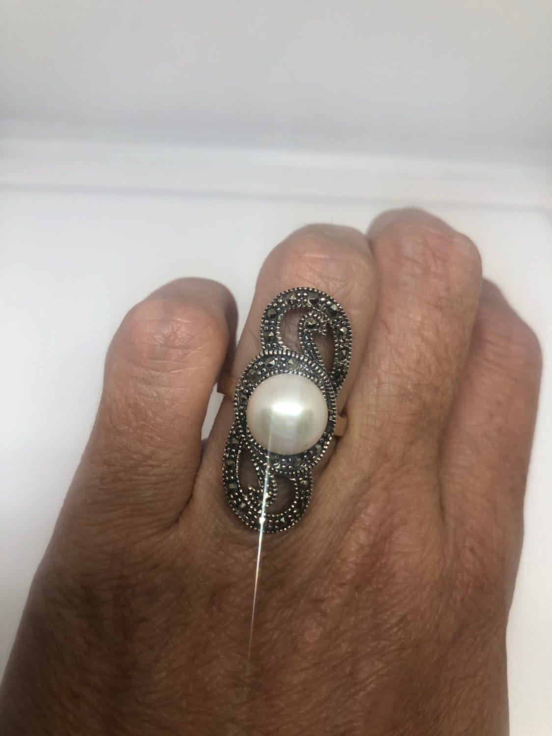 Vintage Echte Perle Markasit 925 Sterling Silber Ring von NemesisJewelryNYC