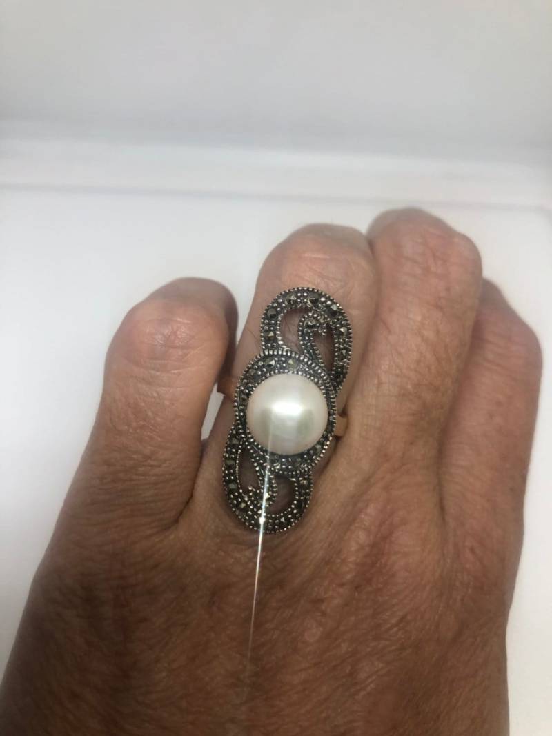 Vintage Echte Perle Markasit 925 Sterling Silber Ring von NemesisJewelryNYC