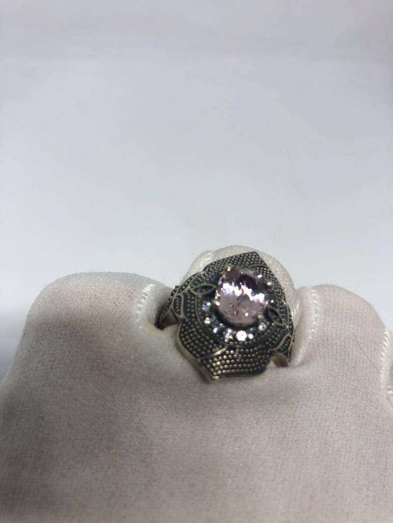 Vintage Echter Rosenquarz 925 Sterling Silber Ring von NemesisJewelryNYC