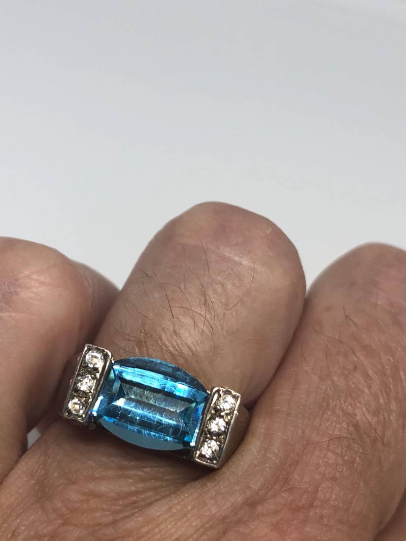 Vintage Echtes Blauer Topas Und Weißer Saphir 925 Sterling Silber Rhodium Ring von NemesisJewelryNYC