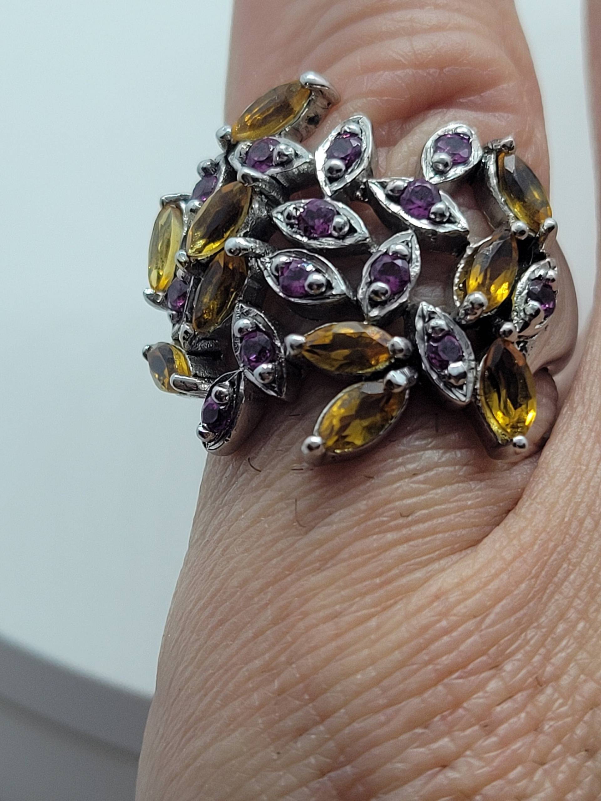 Vintage Gelber Citrin Und Lila Amethyst Ring in 925 Sterling Silber von NemesisJewelryNYC