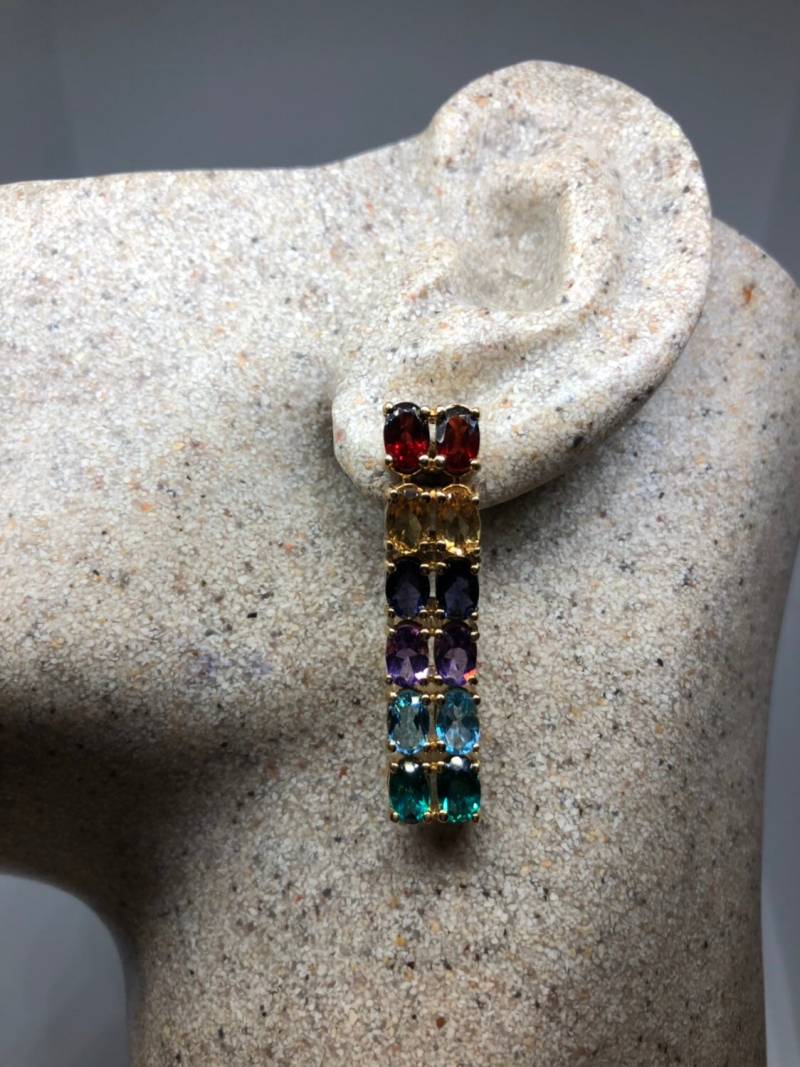 Vintage Gemischte Echte Edelstein Filigree 925 Sterling Silber Dangle Button Ohrringe von NemesisJewelryNYC