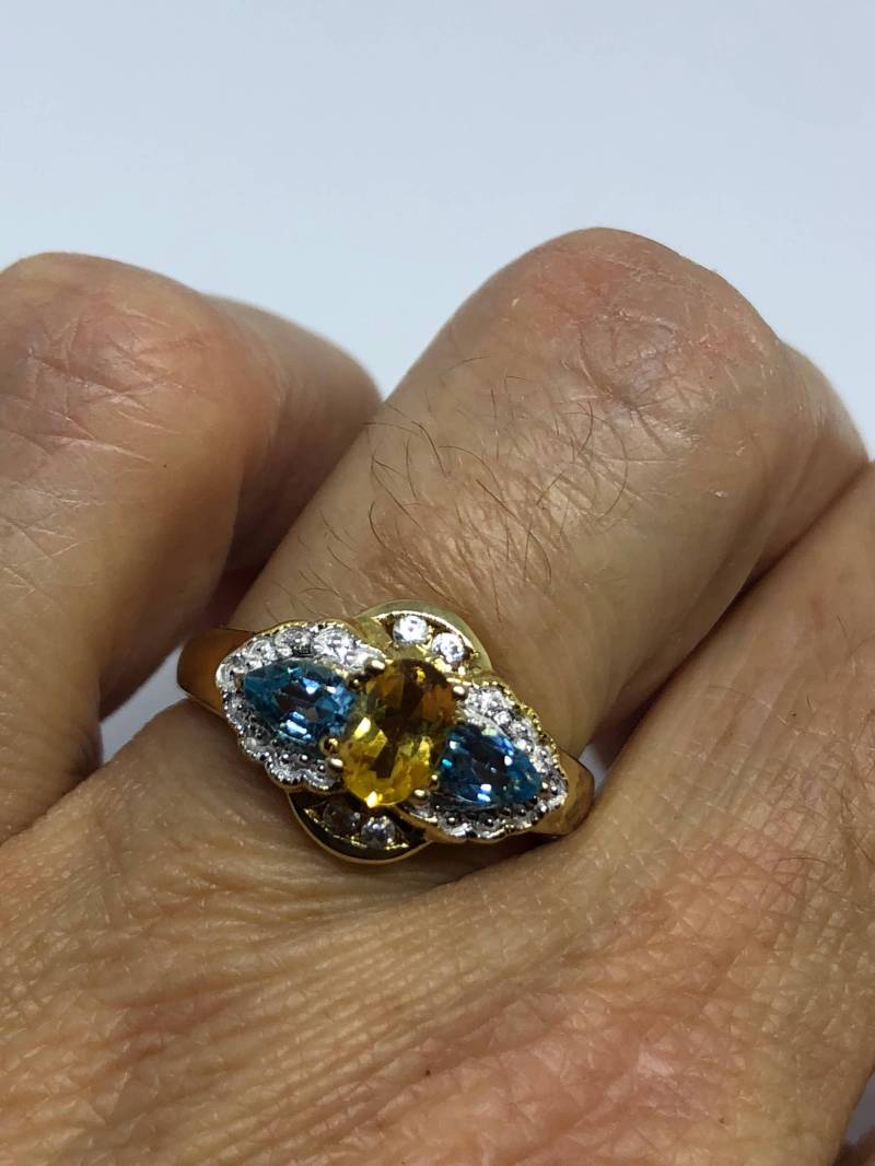 Vintage Golden Citrin Blautopas Ring Deko Cocktail 925 Sterling Silber von NemesisJewelryNYC