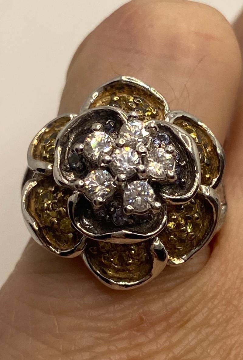 Vintage Golden Citrin Und Weißer Saphir 925 Sterling Silber Cocktail Rose Ring von NemesisJewelryNYC
