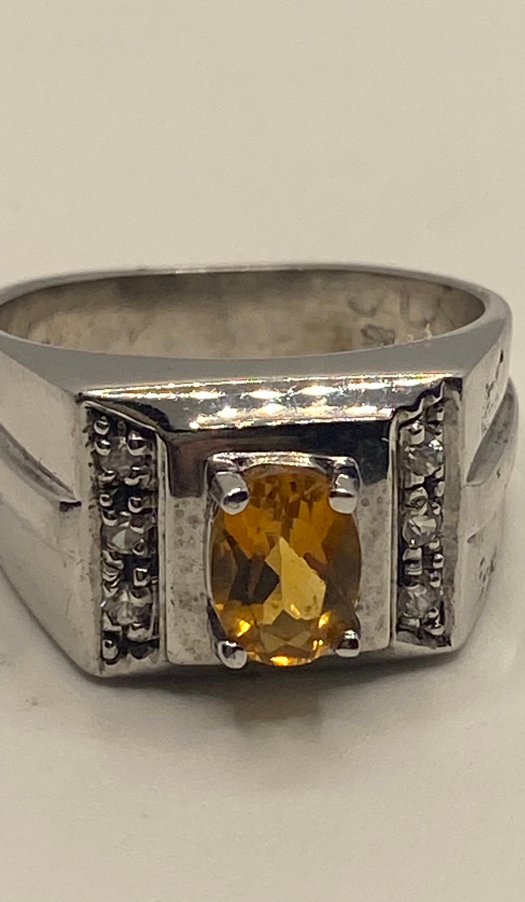 Vintage Goldener Citrin Und Weißer Saphir 925 Sterling Silber Ring von NemesisJewelryNYC