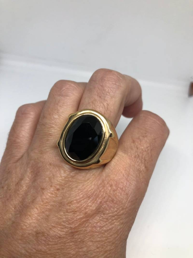 Vintage Gothic Gold Fertig Edelstahl Schwarzer Onyx Echter Herren Ring von NemesisJewelryNYC