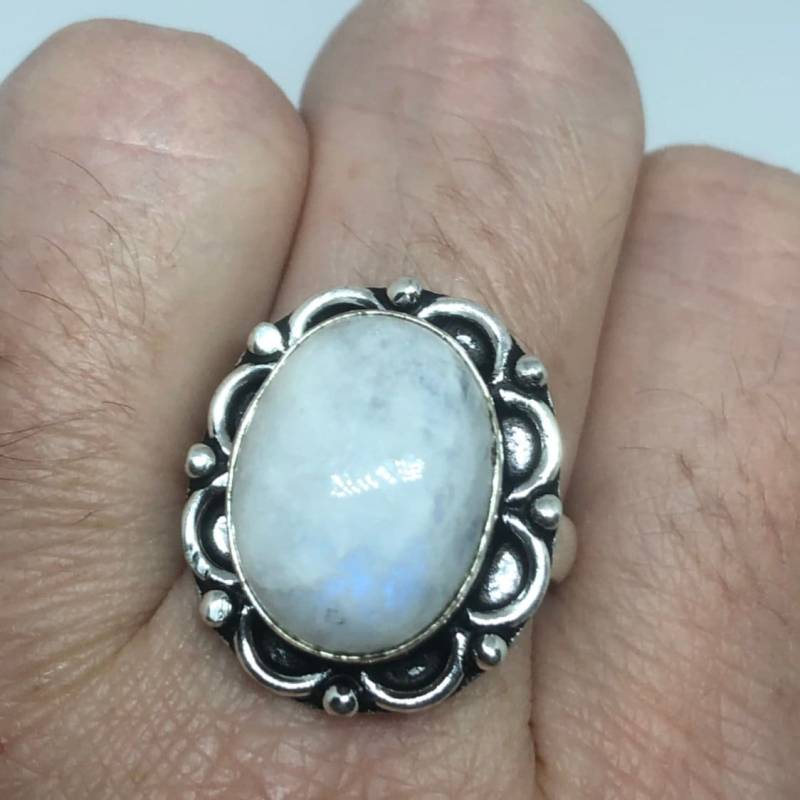 Vintage Groß Blau Weiß Regenbogen Mondstein Stein Silber Ring von NemesisJewelryNYC