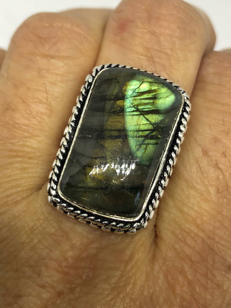 Vintage Große Blau Grün Labradorit Stein Silber Ring von NemesisJewelryNYC