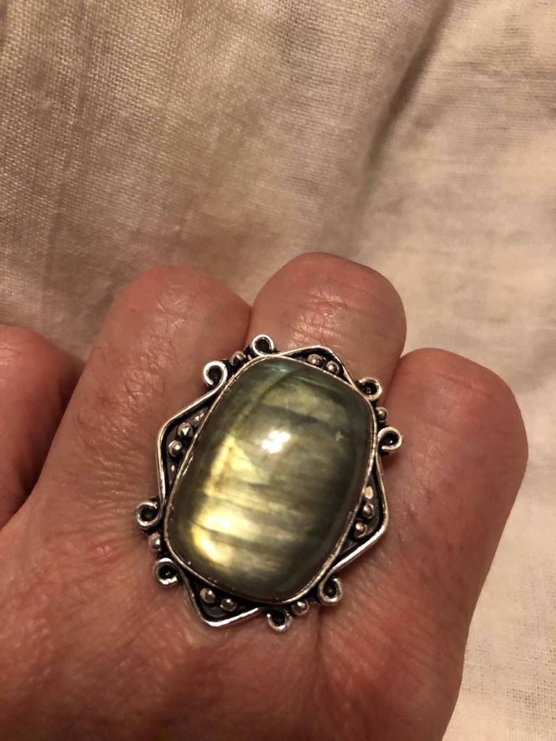 Vintage Große Blau Grün Labradorit Stein Silber Ring von NemesisJewelryNYC