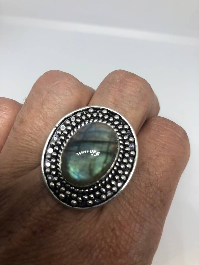Vintage Große Blau Grün Labradorit Stein Silber Ring von NemesisJewelryNYC