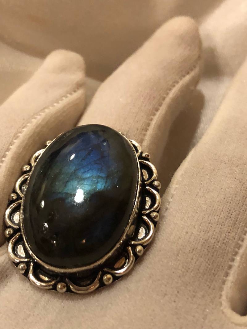 Vintage Großer Labradorit Regenbogen Mondstein Stein Silber Ring von NemesisJewelryNYC