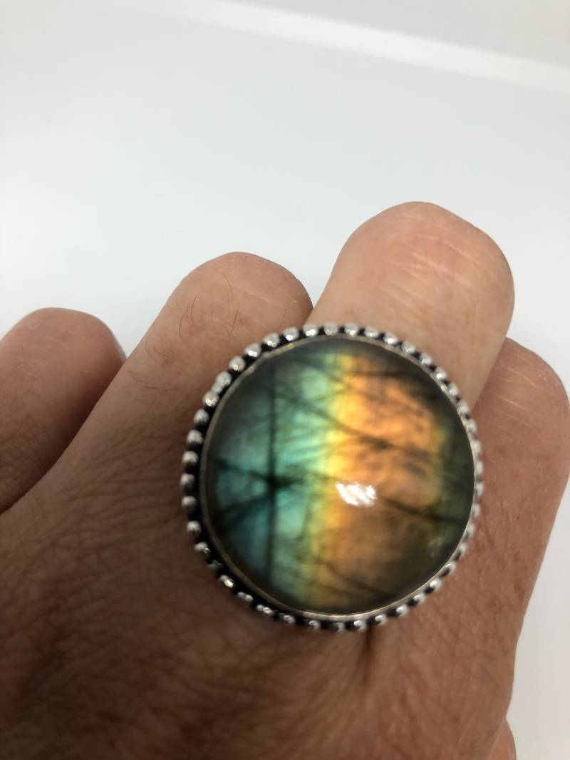 Vintage Großer Labradorit Regenbogen Mondstein Stein Silber Ring von NemesisJewelryNYC