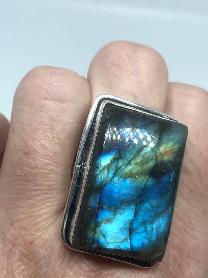 Vintage Großer Labradorit Regenbogen Mondstein Stein Silber Ring von NemesisJewelryNYC