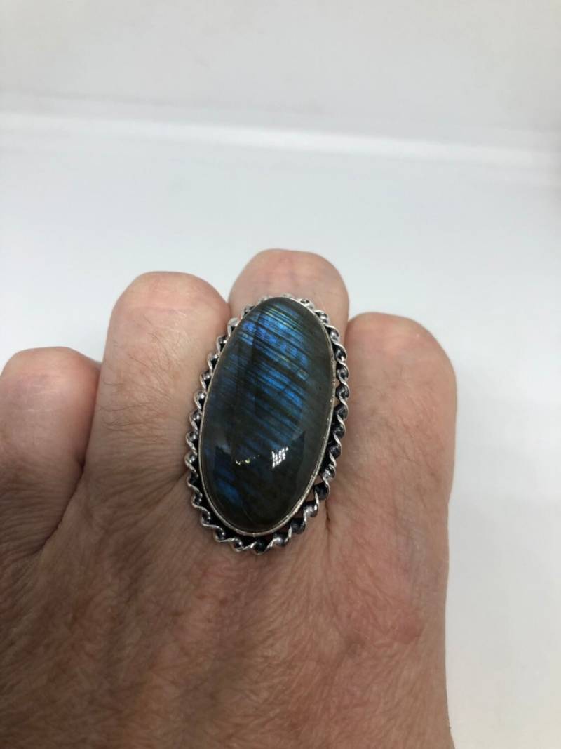 Vintage Großer Labradorit Regenbogen Mondstein Stein Silber Ring von NemesisJewelryNYC