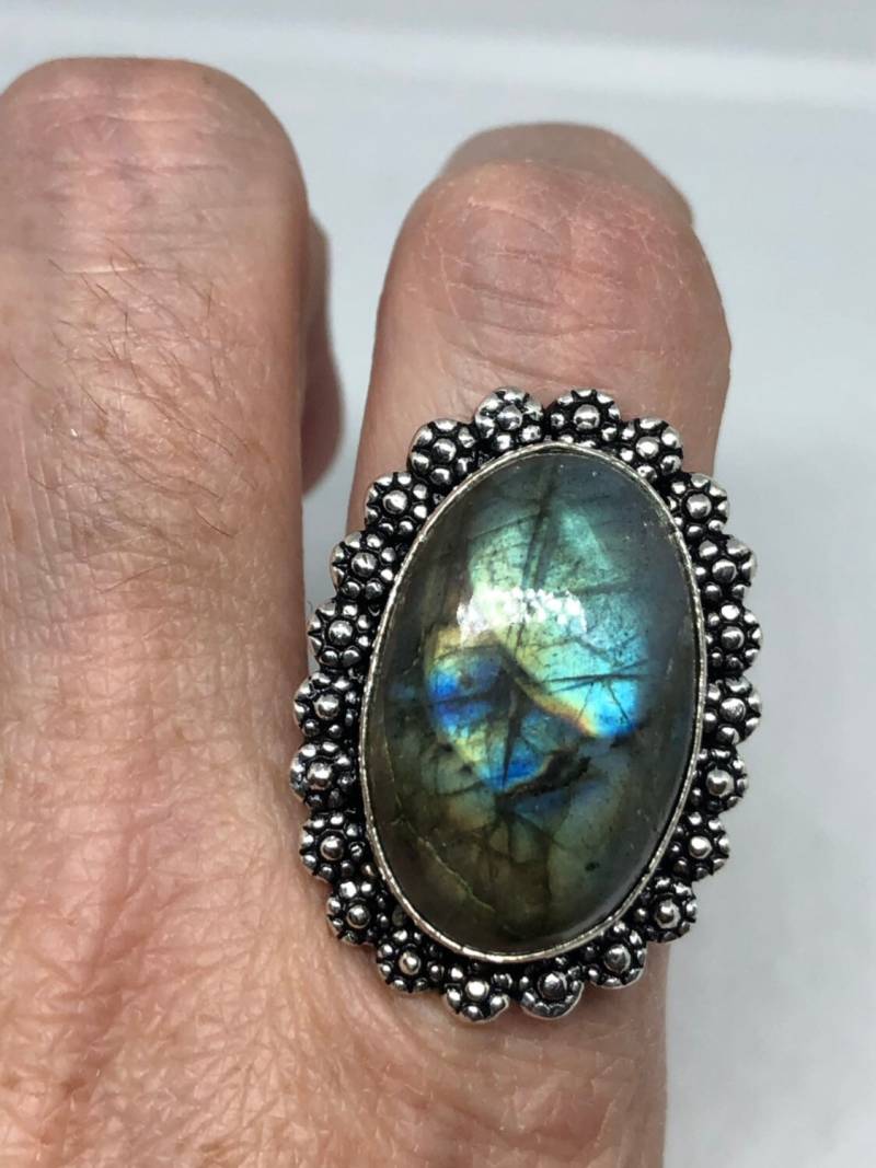 Vintage Großer Labradorit Regenbogen Mondstein Stein Silber Ring von NemesisJewelryNYC