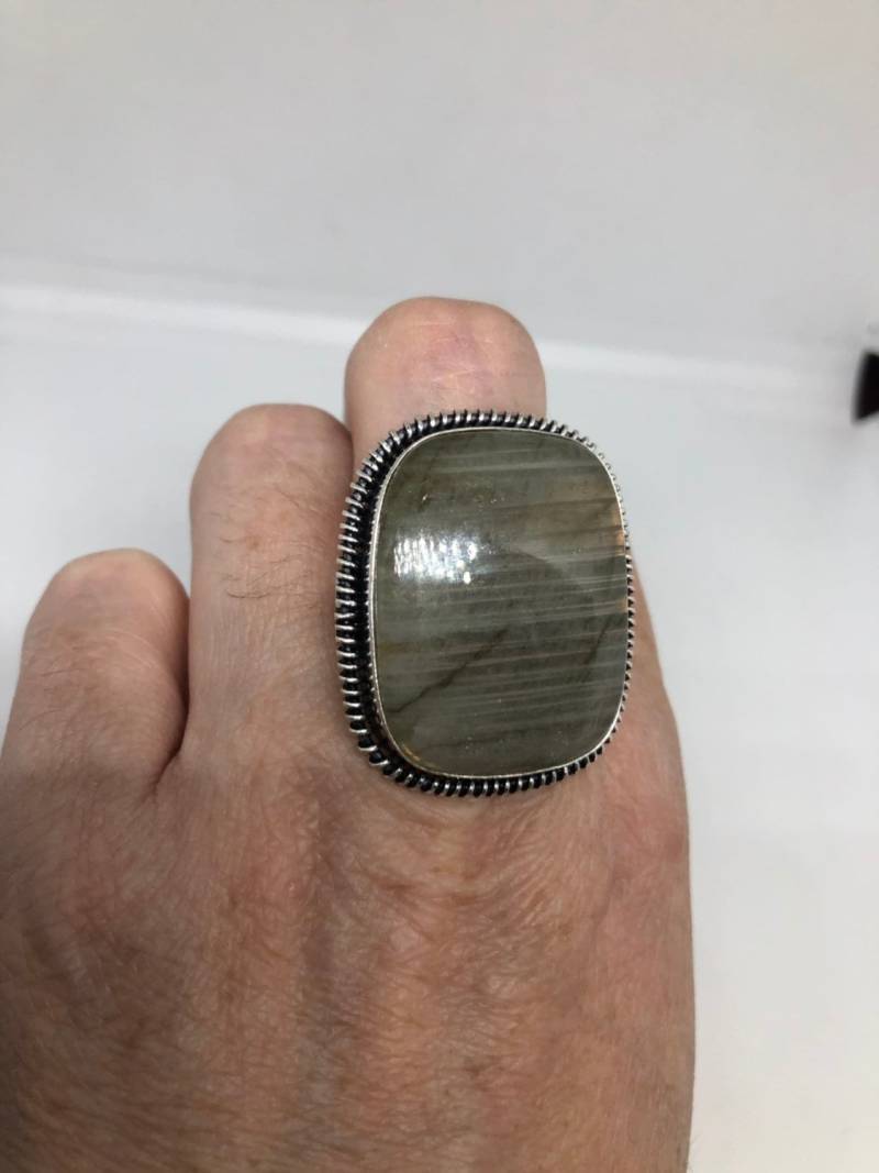 Vintage Großer Labradorit Regenbogen Mondstein Stein Silber Ring von NemesisJewelryNYC