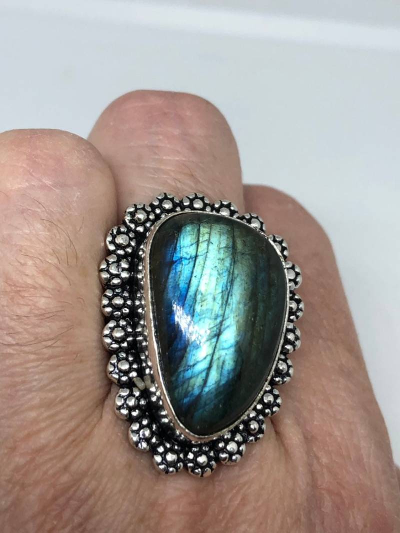 Vintage Großer Labradorit Regenbogen Mondstein Stein Silber Ring von NemesisJewelryNYC