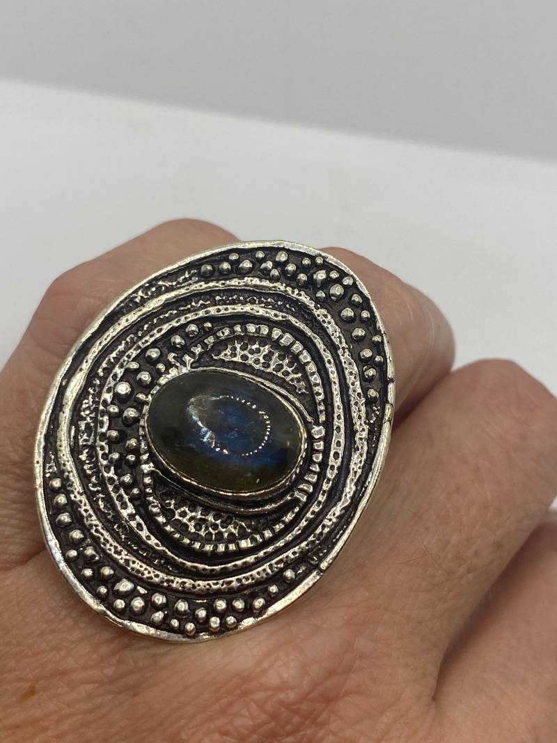 Vintage Grüner Regenbogen Labradorit Silber Ring von NemesisJewelryNYC