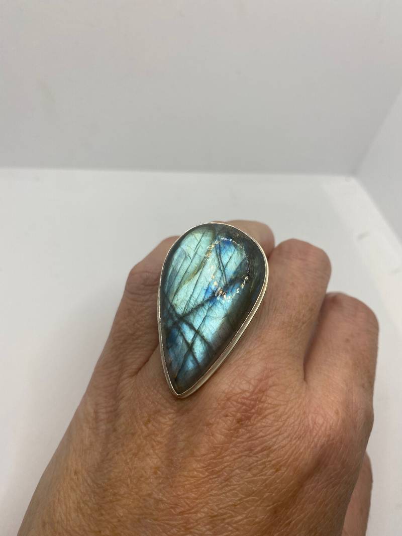 Vintage Grüner Regenbogen Labradorit Silber Ring von NemesisJewelryNYC