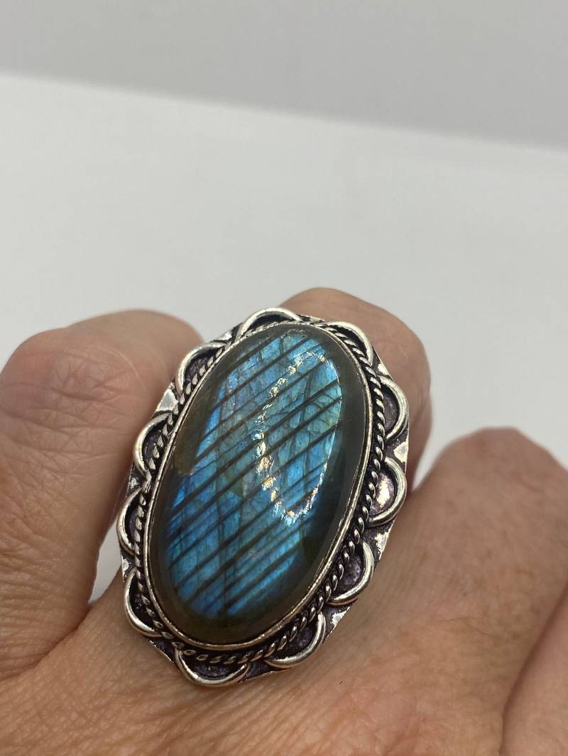 Vintage Grüner Regenbogen Labradorit Silber Ring von NemesisJewelryNYC