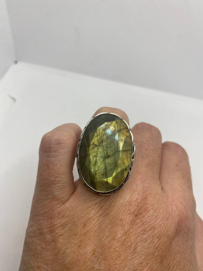 Vintage Grüner Regenbogen Labradorit Silber Ring von NemesisJewelryNYC