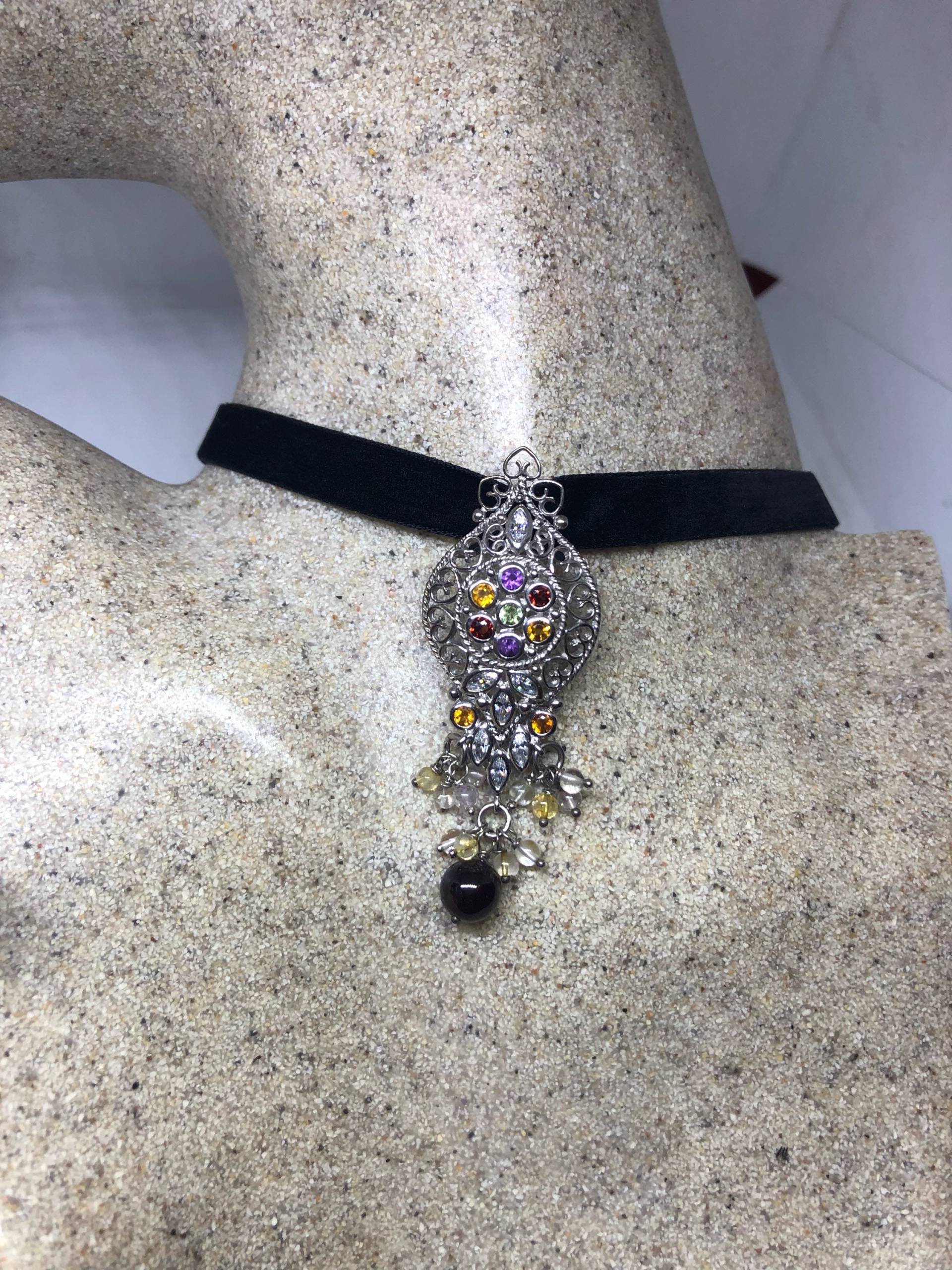 Vintage Handgemachte 925 Sterling Silber Echte Farbige Edelstein Antike Anhänger Halskette von NemesisJewelryNYC