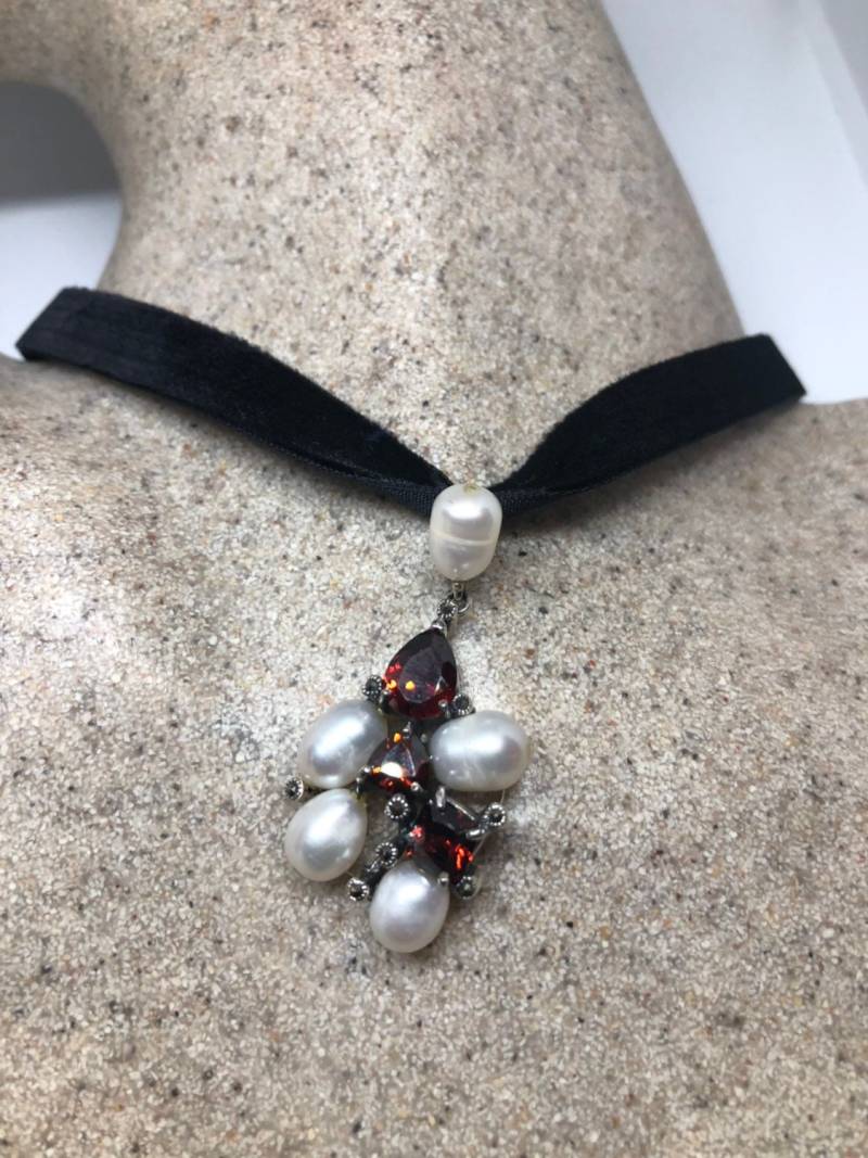 Vintage Handgemachte 925 Sterling Silber Echte Perle Granat Cz Antike Anhänger Halskette von NemesisJewelryNYC