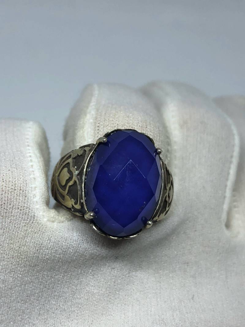 Vintage Handgemachte Blaue Antike Glas Matte Einstellung 925 Sterling Silber Gothic Ring von NemesisJewelryNYC
