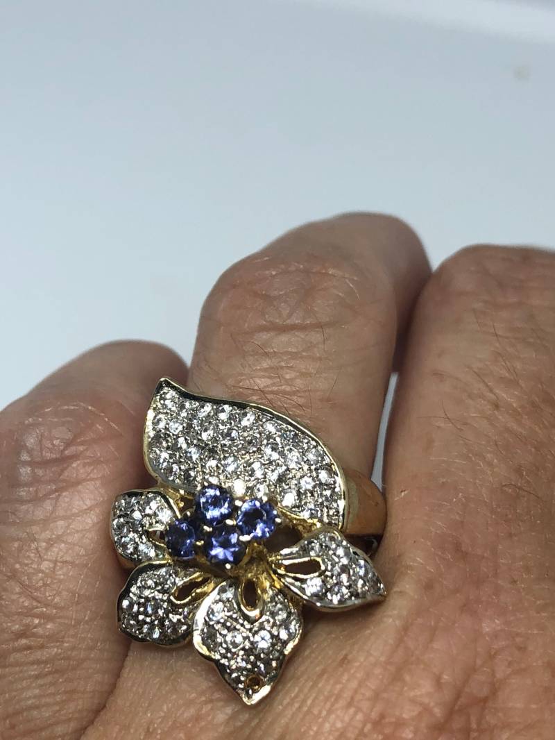 Vintage Handgemachte Blaue Tanzanite Fassung Goldene 925 Sterling Silber Gothic Ring von NemesisJewelryNYC