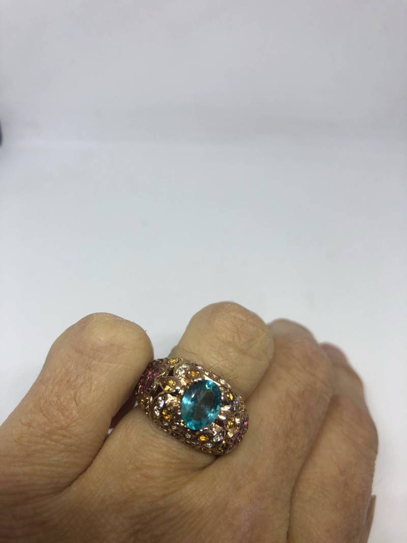 Vintage Handgemachte Blauer Fluorit Und Mischfarbe Turmalin Goldene 925 Sterling Silber Gothic Ring von NemesisJewelryNYC