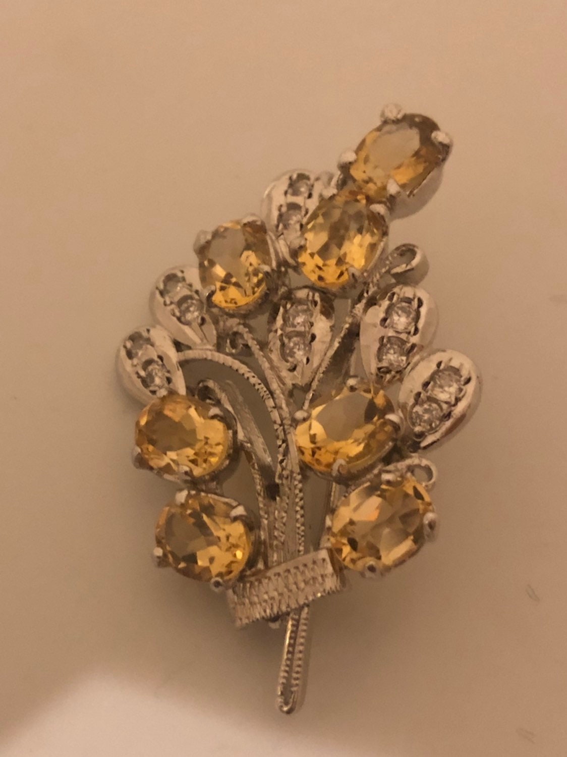 Vintage Handgemachte Echte Citrin 925 Sterling Silber Rhodium Brosche von NemesisJewelryNYC