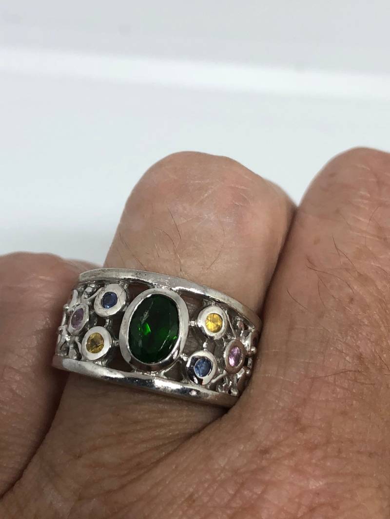 Vintage Handgemachte Echte Gemischte Turmalin Goldene 925 Sterling Silber Ring von NemesisJewelryNYC