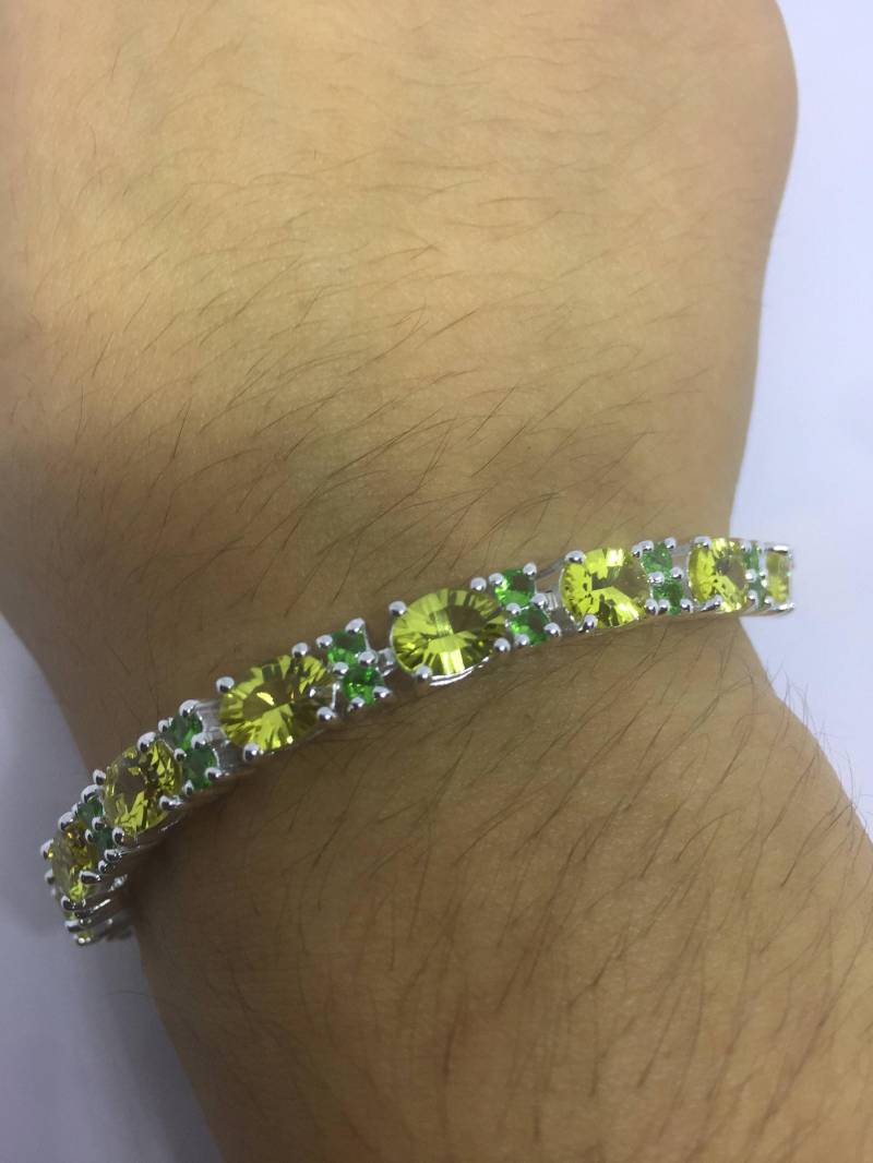 Vintage Handgemachte Echte Goldene Lemon Quarz Grün Chrom Diopsid 925 Sterling Silber Tennis Armband von NemesisJewelryNYC